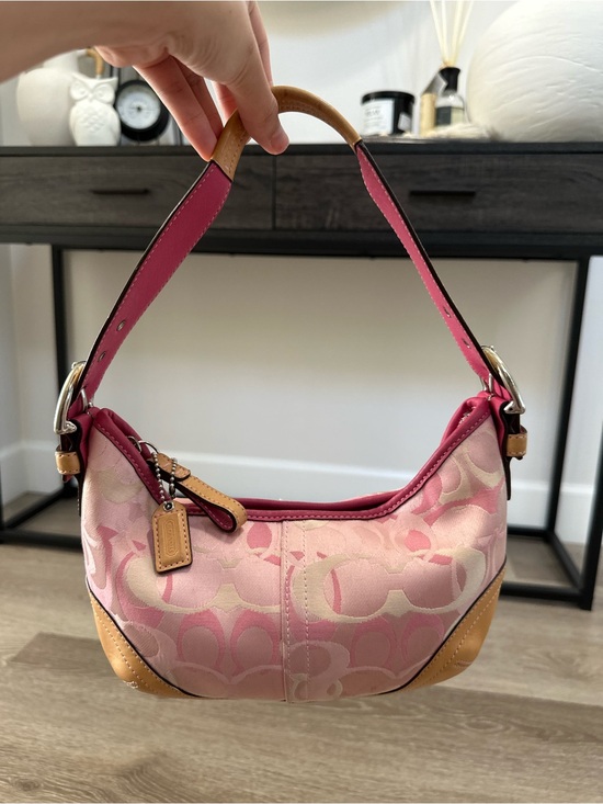 Coach Handbags - Rare Coach Pink Signature Jacquard Mini Shoulder Bag with Tan Trim